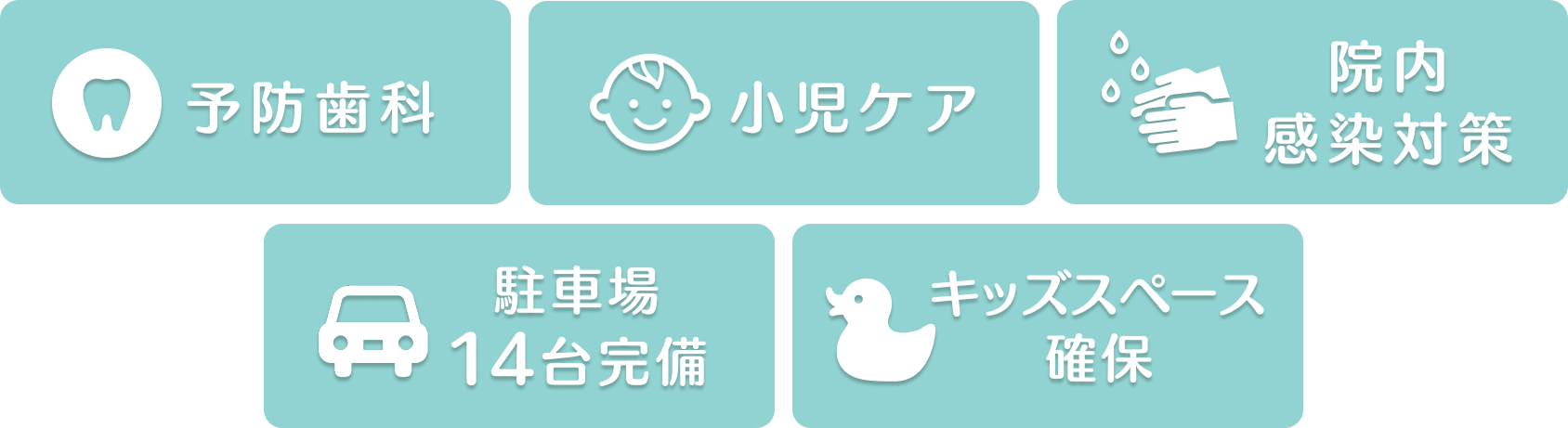 駐車場14台完備・キッズスペース確保・予防歯科・小児ケア・院内感染対策